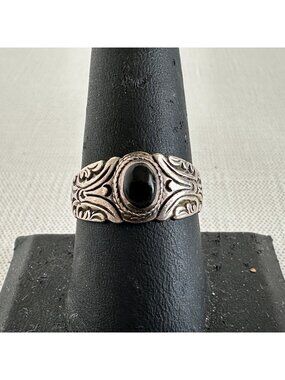Vintage Balinese 925 Sterling Silver Black Onyx Scrollwork Ring Size 9